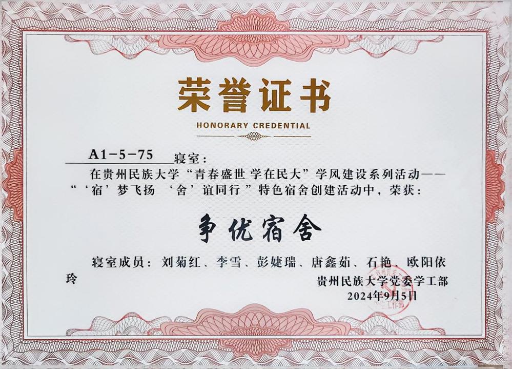 唐鑫茹 2024年争优宿舍