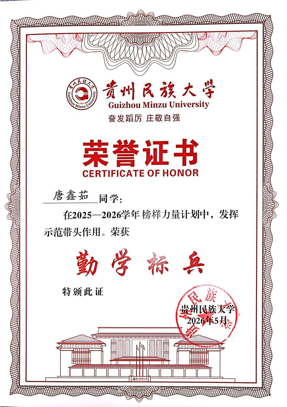 贵州民族大学荣誉证书