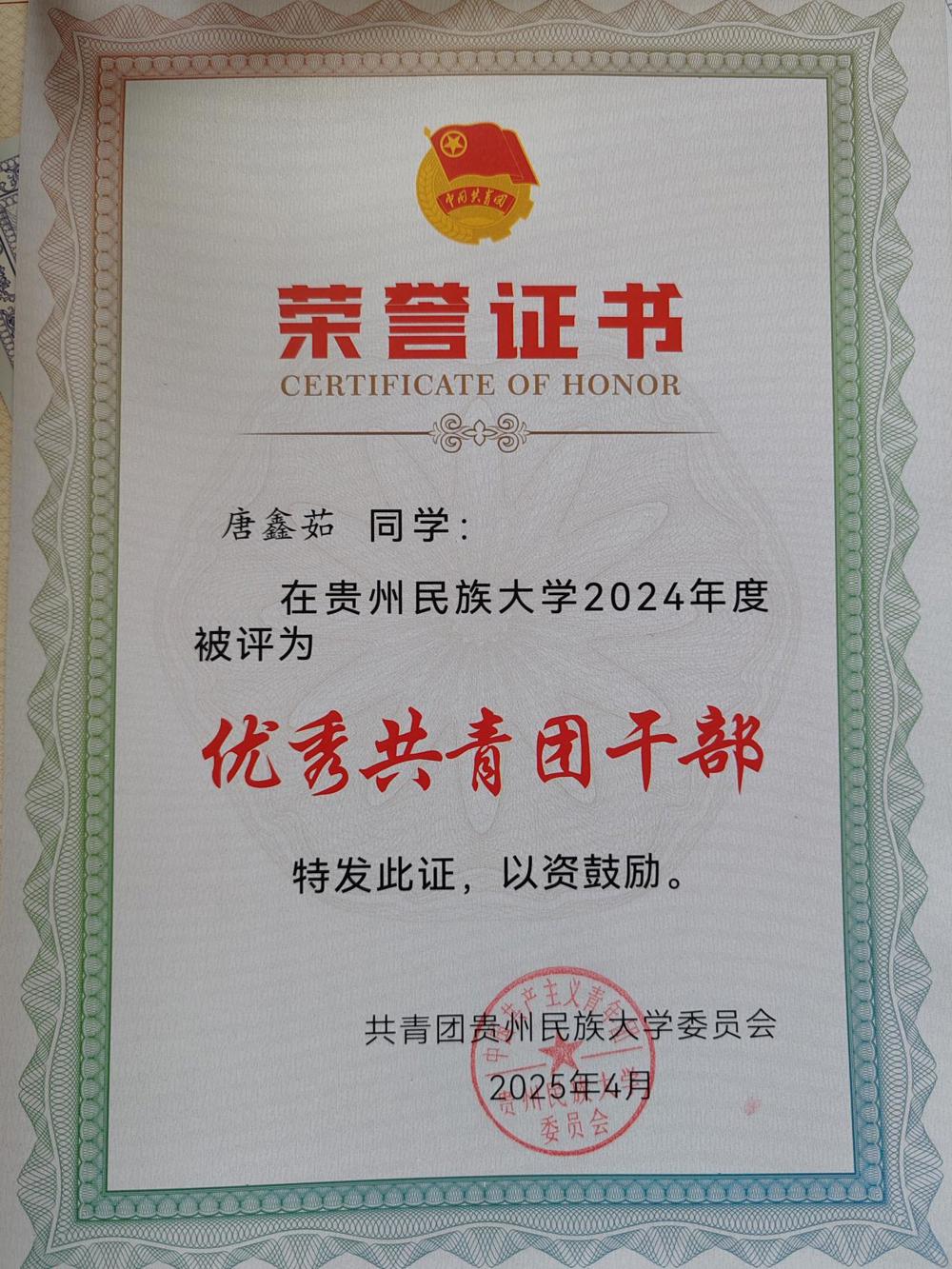 唐鑫茹 2024年度校级优秀共青团干部